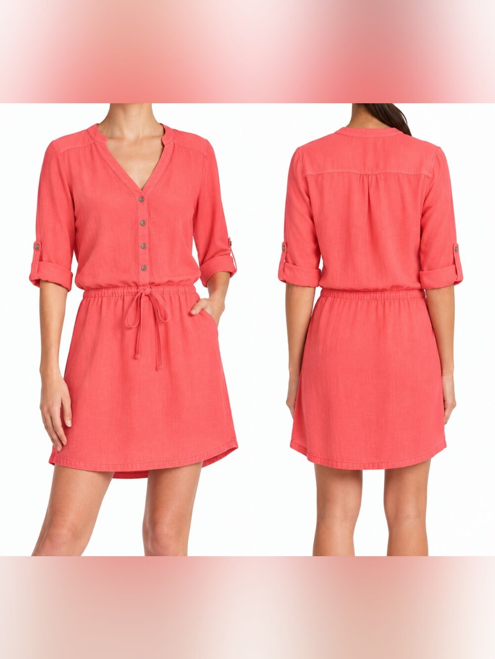 Michael Star Button Up 3/4 Rolled Sleeve Dress Tie Waist Coral Orange Size Small
